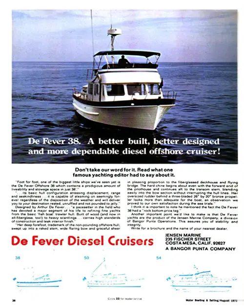 August 1972 Print Advertisement for the De Fever Diesel Cruiser -- De Fever 38, Manufactured by Jensen Marine of Costa Mesa, California, A Bangor Punta Company.