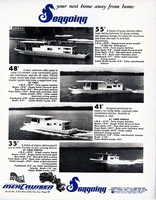 1970 Advertisement for Seagoing Houseboats of Florence, Alabama, A Bangor Punta Company. Models Covered Include the 55, 48, 41 and 35 Foot Houseboats. Powered by MerCruiser Stern Drives.