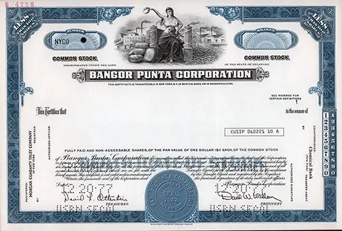 Front Side of Specimine Common Stock Certificate of the Bangor Punta Corporation, CUSIP 060221 10 8.