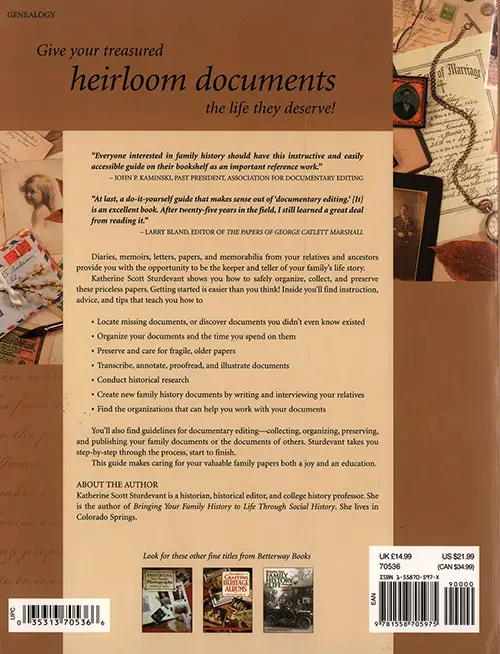 Back Cover - Organizing & Preserving Your Heirloom Documents
