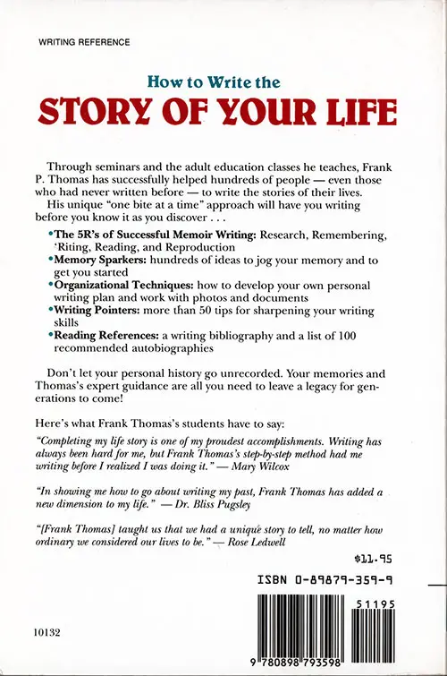Back Cover, How To Write The Story of Your Life, 1984.