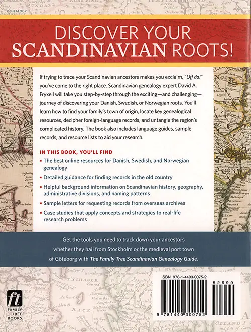 Back Cover of the Scandinavian Genealogy Guide, 2019. ISBN 9781440300752.
