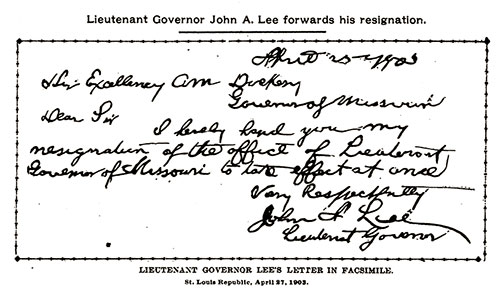 Lieutenant Governor John A. Lee forwards his resignation. St. Louis Republic, April 27, 1903.