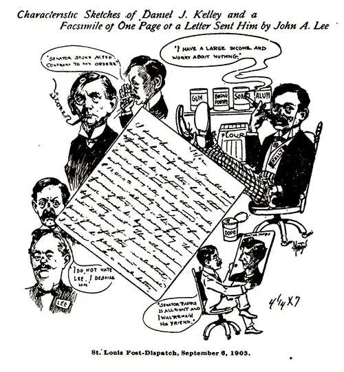 Characteristic Sketches of Daniel J. Kelley and a Facsimile on One Page of a Letter Sent Him by John A. Lee. St. Louis Post-Dispatch, September 6, 1903.