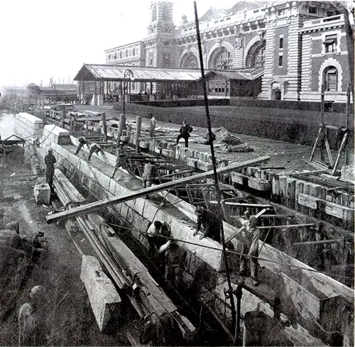 Construction of Contract 1 Seawall, Looking North, August 1913.