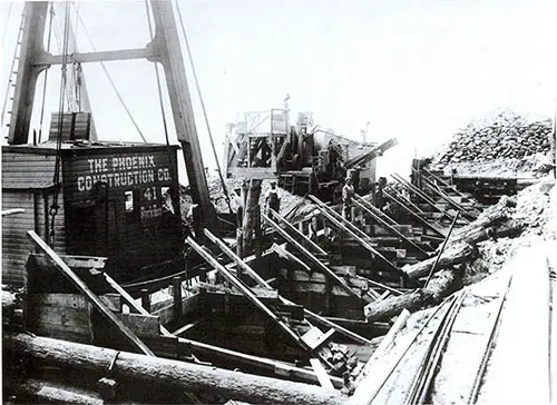 Construction of Concrete Counterforts on Top of Island Two or Three Cribwork, Phoenix Construction Company, 1917.
