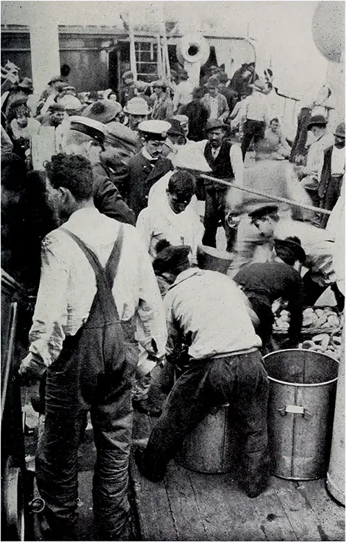 Preparing to Serve a Meal to Steerage Passengers on the Lahn from the Food-tanks and Bread-baskets.