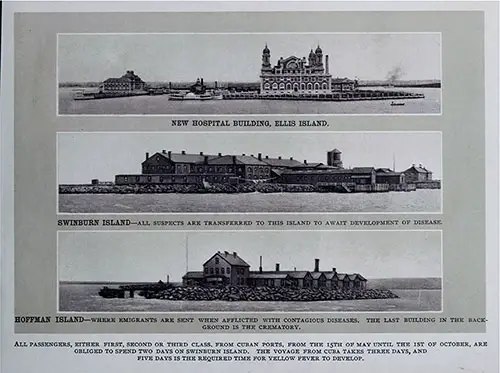 The New Hospital Building at Ellis Island; Swinburn Island; and Hoffman Island.