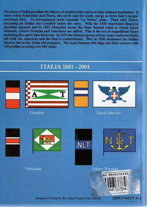 Back Cover, Merchant Fleets # 40: Italia 1881-2001 by Duncan Haws, 2001.