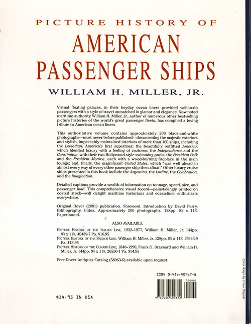 Back Cover, Picture History of American Passenger Ships by William H. Miller, Jr., 2001.