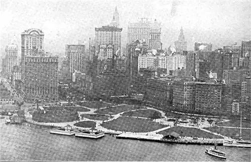 Fine View of the Battery Taken From About 900 Feet Altitude. Battery Park in the Foreground.