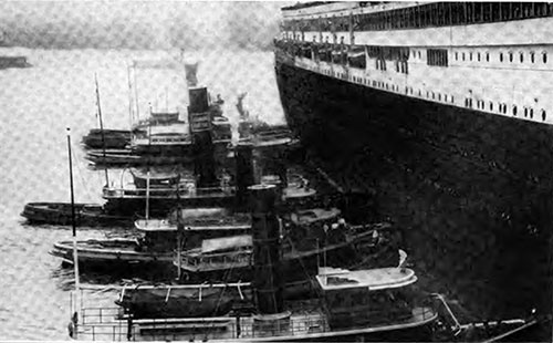Docking the SS Imperator in the North River. Port of New York, 1920.