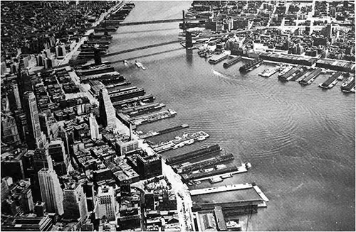 Piers on East River -- Manhattan on Left; Brooklyn on Right. Portion of New York Dock Co. Terminal at Right, Above Center.