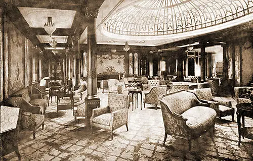 View of the First Class Lounge on the RMS Mauretania, 1907.