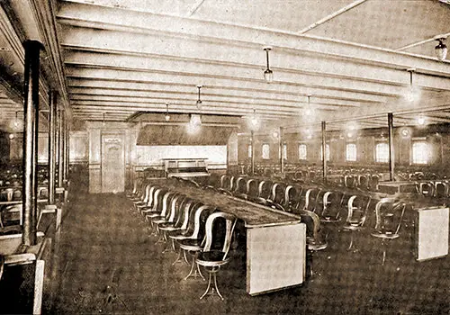 Third Class Dining Saloon on the RMS Mauretania, 1907.