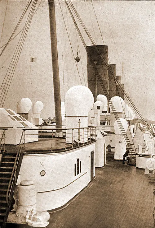 Second Class Promenade on the Boat Deck, Looking Forward, on the RMS Mauretania of the Cunard Line.