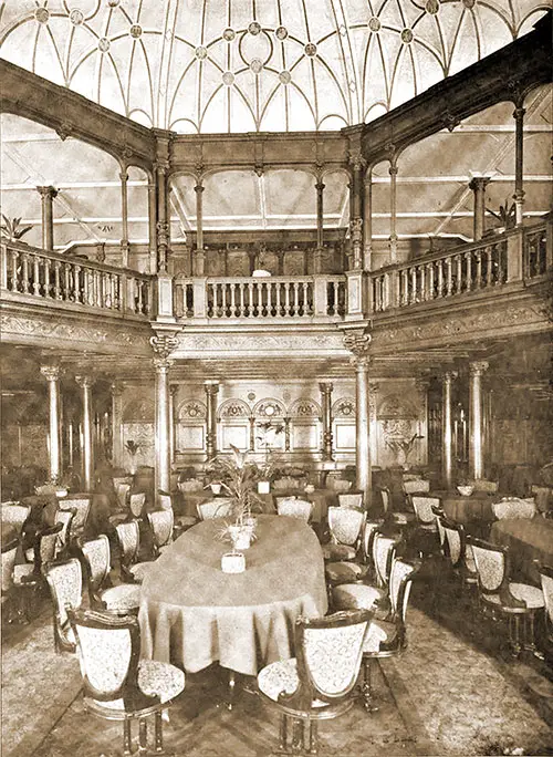 First Class Dining Saloon Showing Two Levels and Dome on the Cunard Express Liner RMS Mauretania, 1907.