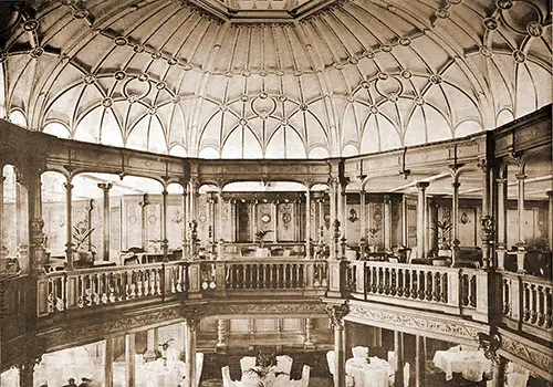 View of the Upper Dining Saloon and Dome of the RMS Mauretania, 1907.