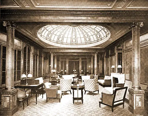 First Class Library and Writing Room Looking Athwart on the RMS Mauretania, 1907.