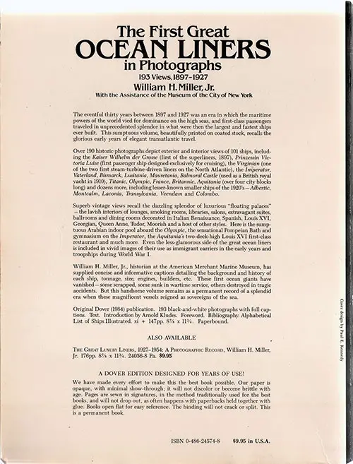Back Cover, The First Great Ocean Liners in Photographs, 193 Views, 1897-1927.