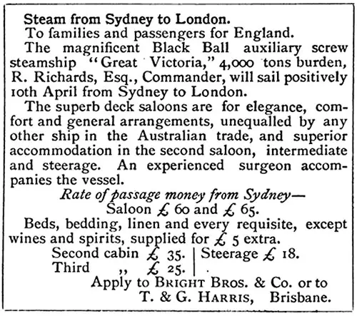 1866 Northbound Passage advertisement from the Black Ball Line: