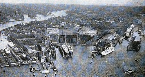 View of Hamburg Harbor Showing Shipbuilding Activity.