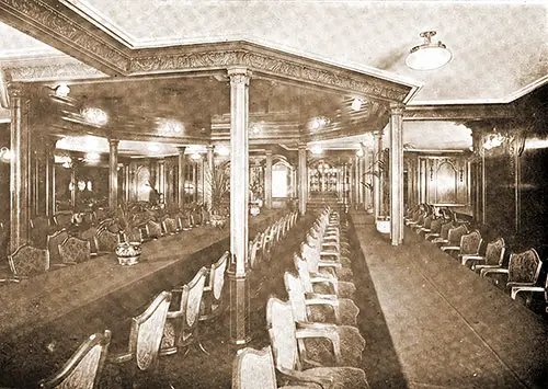 Second-Class Dining Saloon on the RMS Mauretania, 1907.