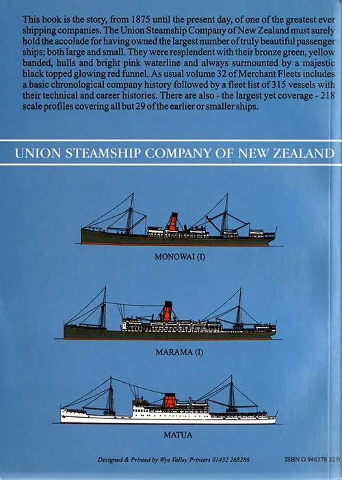 Back Cover, Merchant Fleets # 32: Union Steam Ship Company of New Zealand by Duncan Haws, 1987.