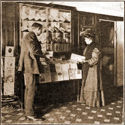 Passengers Peruse Literature at the Books and Brochures Kiosk on a Steamship.