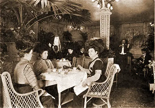 A Gathering of Women Passengers Enjoying Their Afternoon Tea in the Palm Garden.