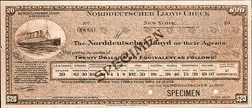 Specimen of a Steamship Company Traveler's Cheque for $20, Issued by the Norddeutscher Lloyd, circa 1910.