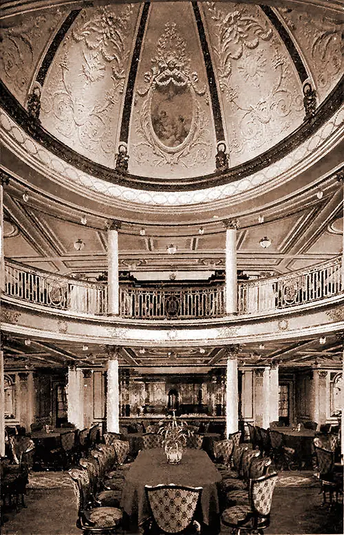 View of the First Class Dining Saloon and Dome on the RMS Lusitania of the Cunard Line.