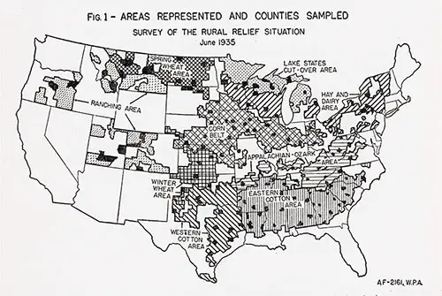 Fig. 1: Areas Represented and Counties Sampled. Survey of the Rural Relief Situation, June 1935. AF-2161, WPA.