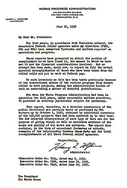 Transmittal Letter from Harry L. Hopkins, Administrator of the Works Progress Administration Dated 30 June 1938.