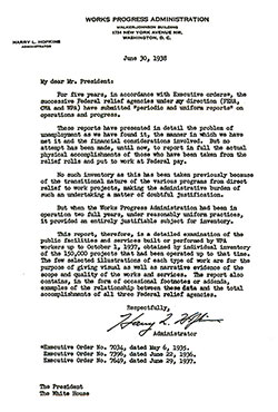 GGA Image ID # 152aa4192b Transmittal Letter from Harry L. Hopkins, Administrator of the Works Progress Administration Dated 30 June 1938.