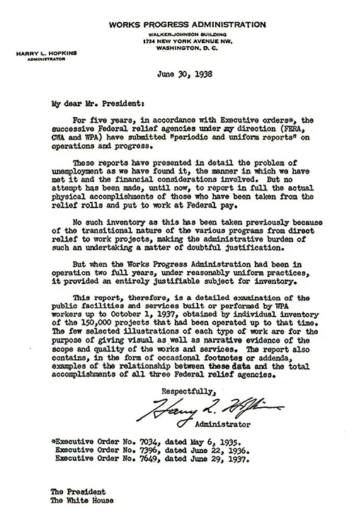 Transmittal Letter from Harry L. Hopkins, Administrator of the Works Progress Administration Dated 30 June 1938.