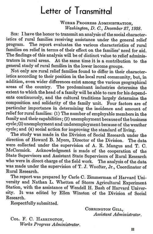 Letter of Transmittal, Corrington Gill and Col. F. C. Harrington of the Works Progress Administration, 27 December 1938.