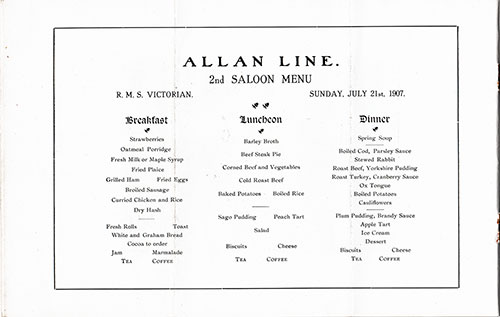 Second Saloon Menu, RMS Victorian of the Allan Line for Sunday, 21 July 1907