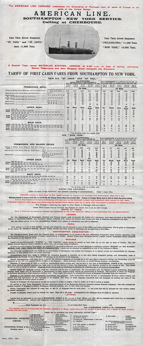 Front Side of 1901 Broadside Flyer from the American Line of Southampton - Cherbourg - New York Services.