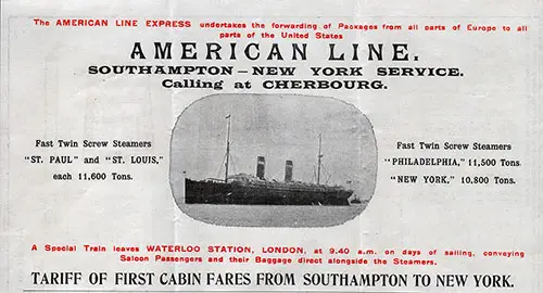 Header Section of 1901 Broadside Flyer from the American Line of Southampton - Cherbourg - New York Services.