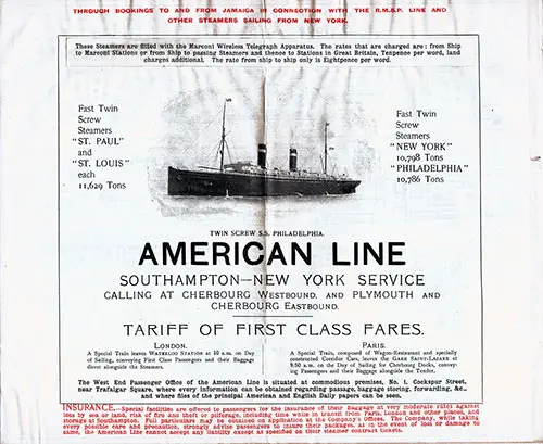 American Line Southampton -- New York Service with Tariff of First Class Fares.