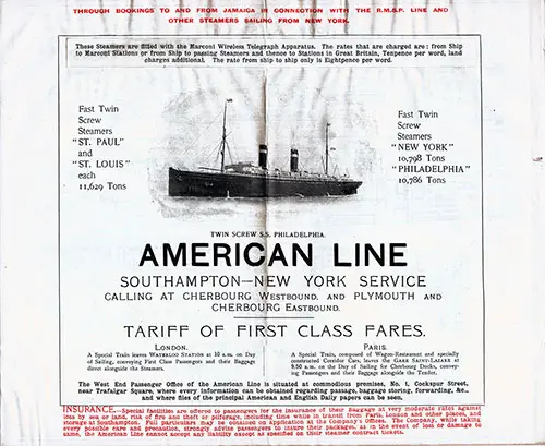 Southampton to New York Service 1908 - American Line - Tariff of First Class