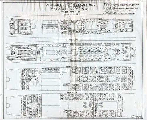 Deck Plans of American Line United States Mail Twin Screw Steamers "St. Louis" and "St. Paul"