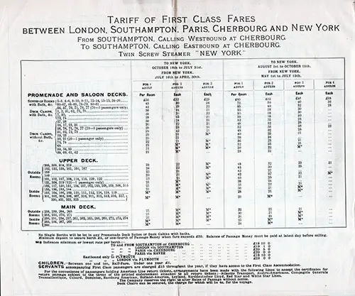 Tariff of First-Class Fares Between London, Southampton, Paris, Cherbourg and New York