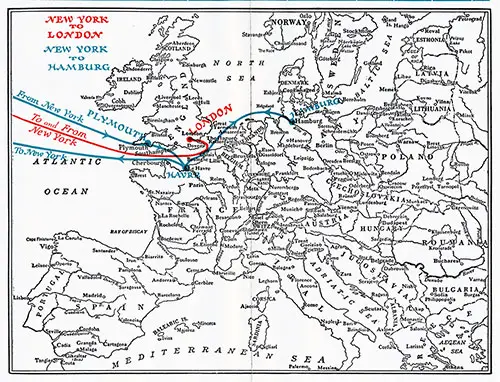 Map of Europe Showing Routes Taken by American Merchant Lines for New York to London and New York to Hamburg