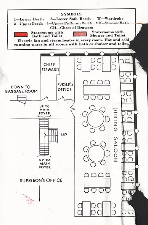 Key to Symbols and Colors Used on Deck Plans; Plan showing Dining Saloon, and Offices of the Chief Steward, Purser, and Surgeon.
