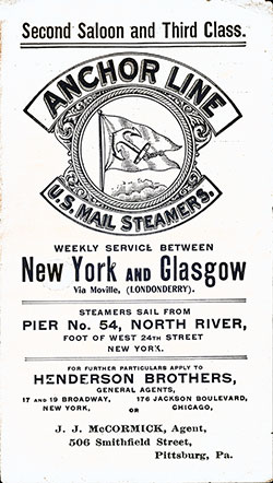 Front Cover, Second Saloon and Third Class on Anchor Line U.S. Mail Steamers. 