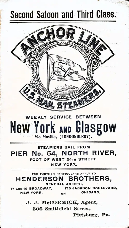 Front Cover, Second Saloon and Third Class on Anchor Line U.S. Mail Steamers. 