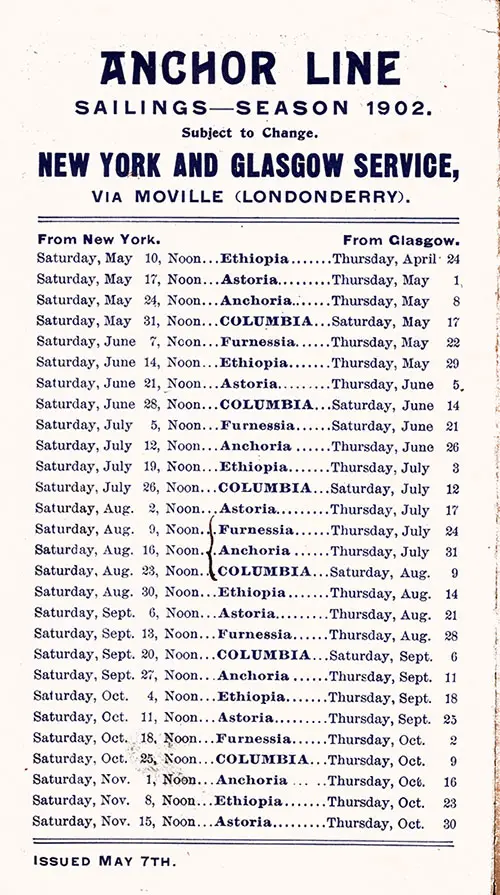 Sailing Schedule, New York-Glasgow Service via Movile (Londonderry), from 24 April 1902 to 15 November 1902.