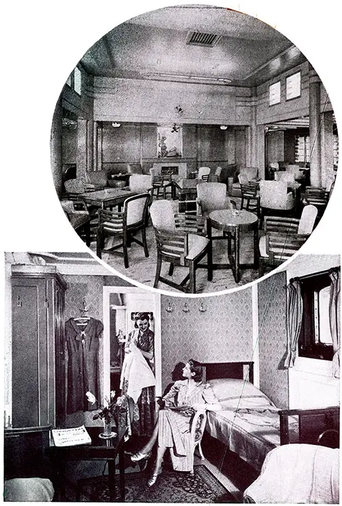 Top: Smoking Lounge on the TSS California. Bottom: Room with Bath on the TSS Caledonia.